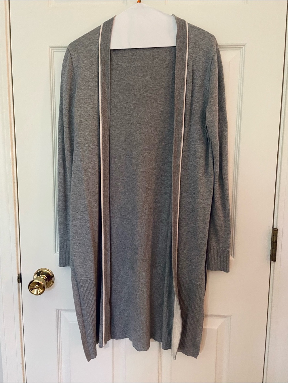 Lilla P Gray Open-Front Long Cardigan with Contrast Trim and High Side Slits
